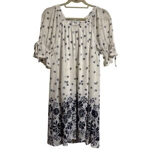 Sirenlily White Navy Blue Floral Peasant Mini Dress Short Sleeve Small